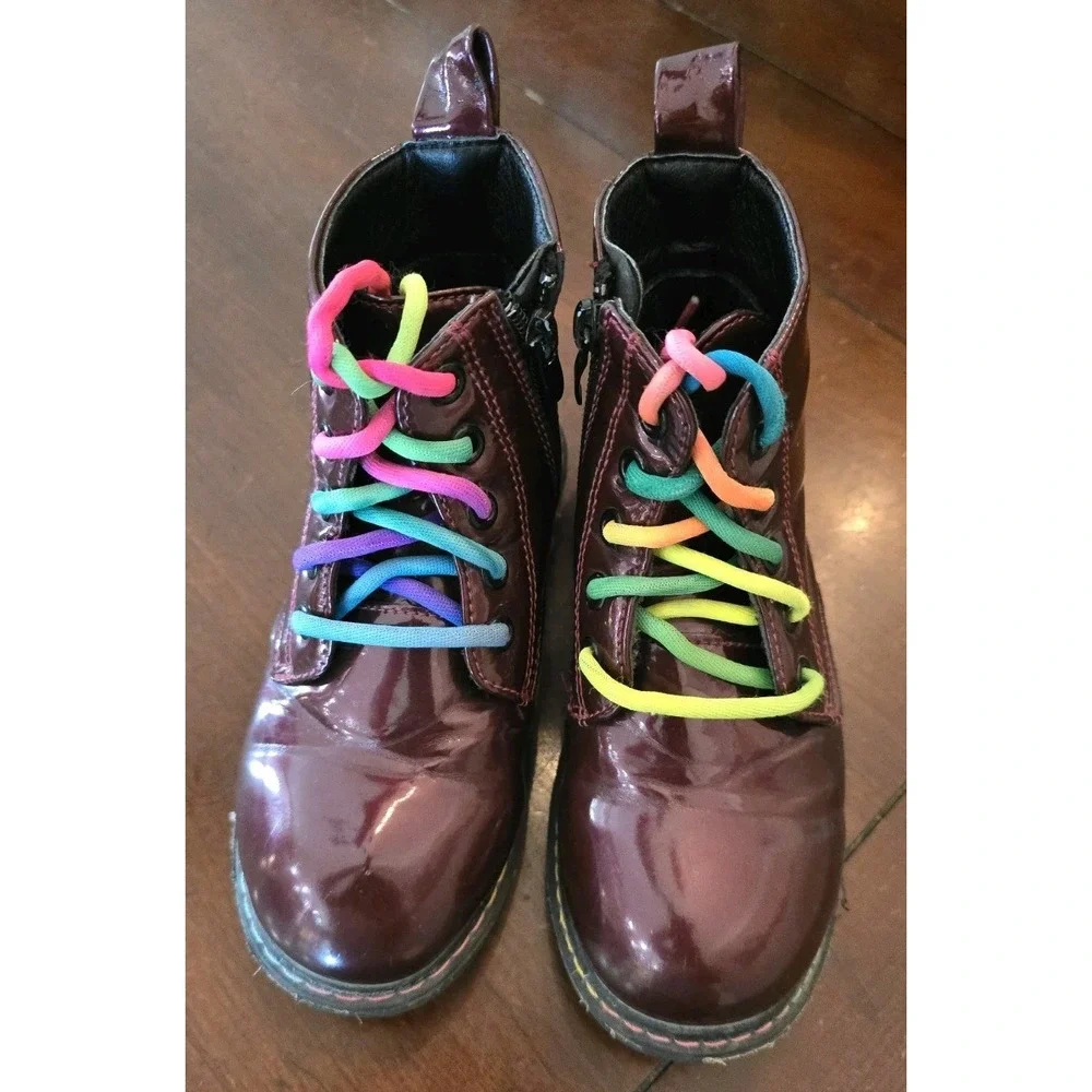 Hawkwell Girls Patent Burgundy Waterproof‎ Boots SZ 11 Rainbow Color Shoe Laces